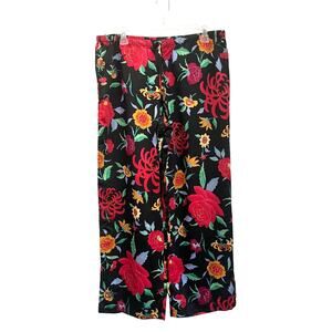 Natori Wide Leg Pants Size L Black Red Floral Lounge Pajama Style